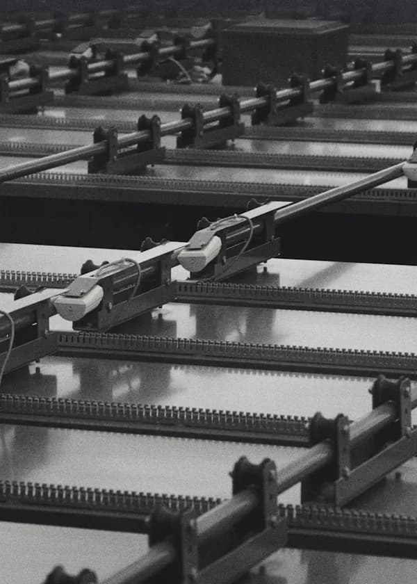 Rows of machine rails and moving parts on a production line