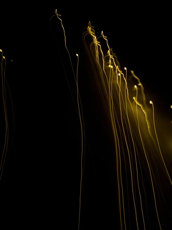 Fine trails of amber light drawn against black
